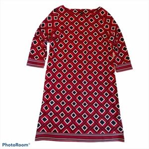 TALBOTS Red, White & Navy Geometric Print Shift Dress